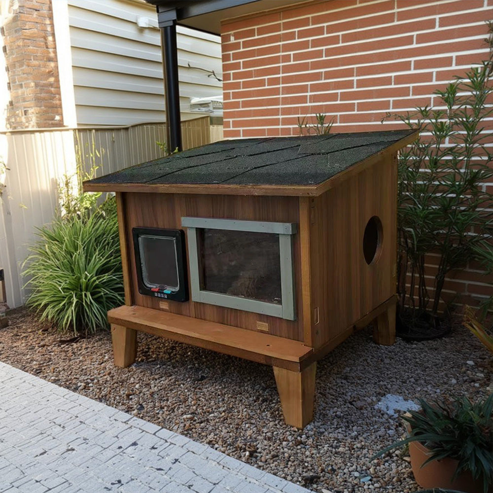 PAWORA Outdoor Cat House - Weatherproof Fir Wood with Waterproof Roof, Scratch-Resistant, Moisture-Proof, Ventilated Design, Safe All-Season Shelter for Pets - Wood