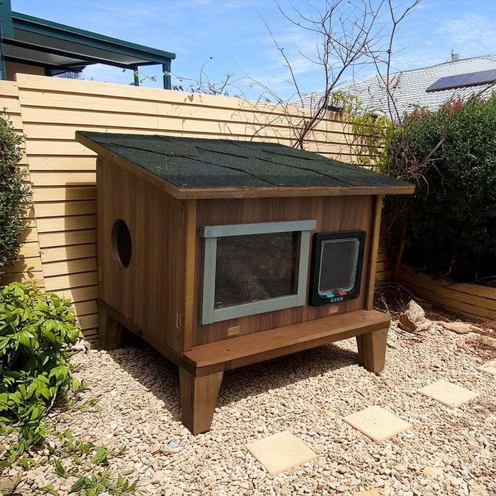 PAWORA Outdoor Cat House - Weatherproof Fir Wood with Waterproof Roof, Scratch-Resistant, Moisture-Proof, Ventilated Design, Safe All-Season Shelter for Pets - Wood