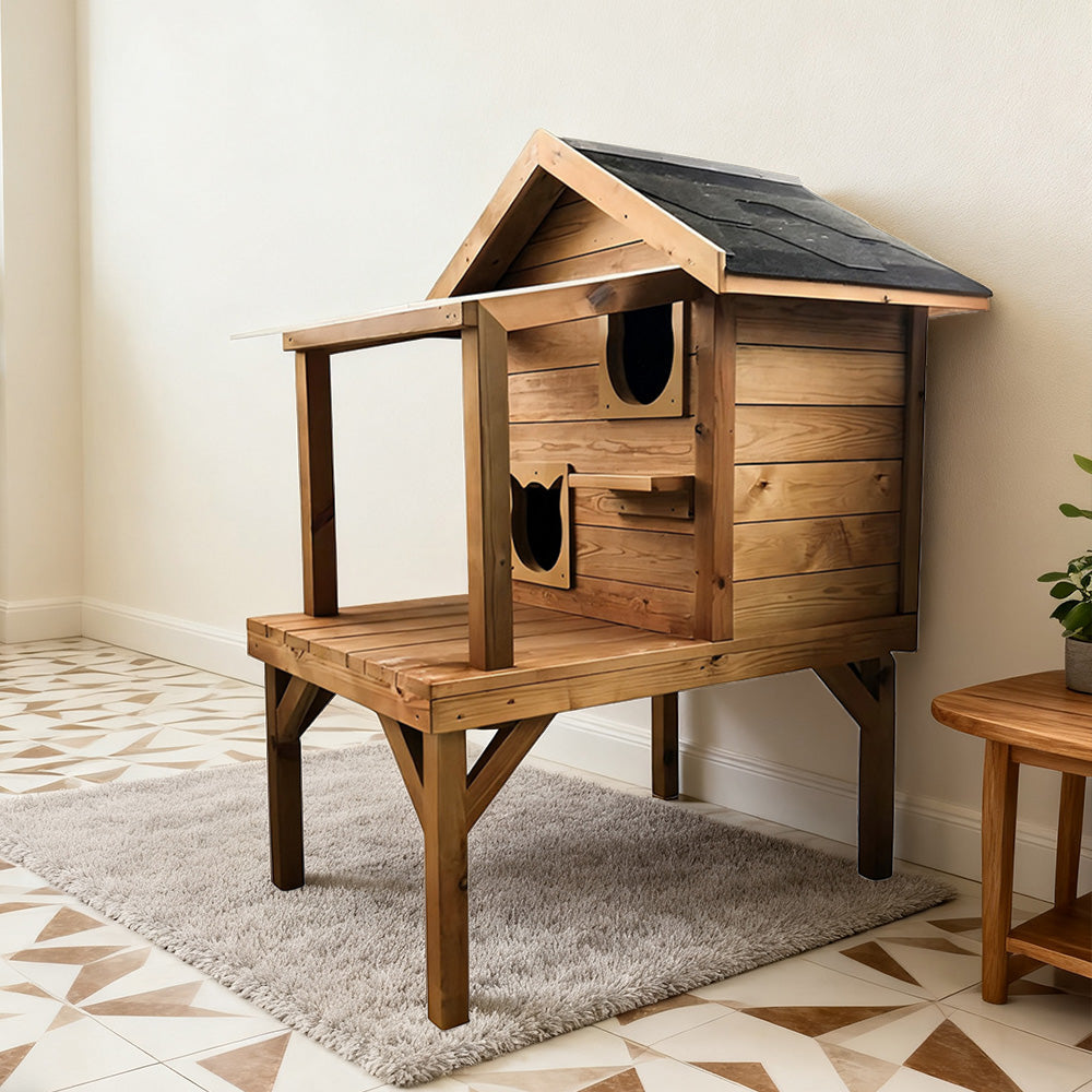 PAWORA Outdoor Cat House - Strong Fir Wood Build, Weatherproof Roof for Rain & Sun, Scratch and Moisture Resistant, Ventilated Structure, Safe All-Season Pet Shelter - Wood