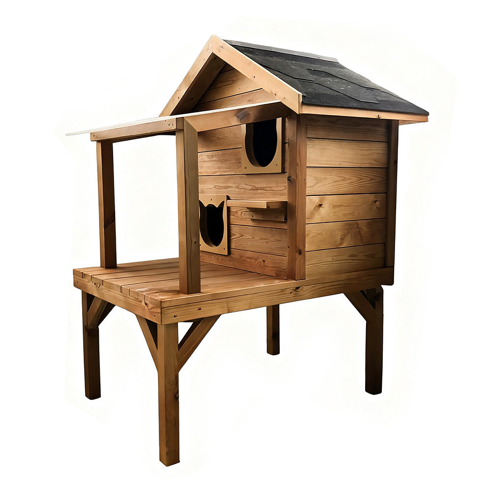 PAWORA Outdoor Cat House - Strong Fir Wood Build, Weatherproof Roof for Rain & Sun, Scratch and Moisture Resistant, Ventilated Structure, Safe All-Season Pet Shelter - Wood