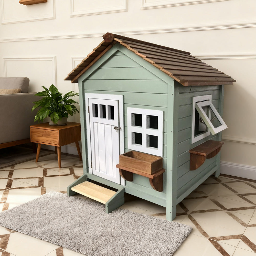 PAWORA Outdoor Cat House - Fir Wood, Waterproof Roof, Scratch & Moisture Resistant, Ventilated Design, All-Season Pet Shelter - Green