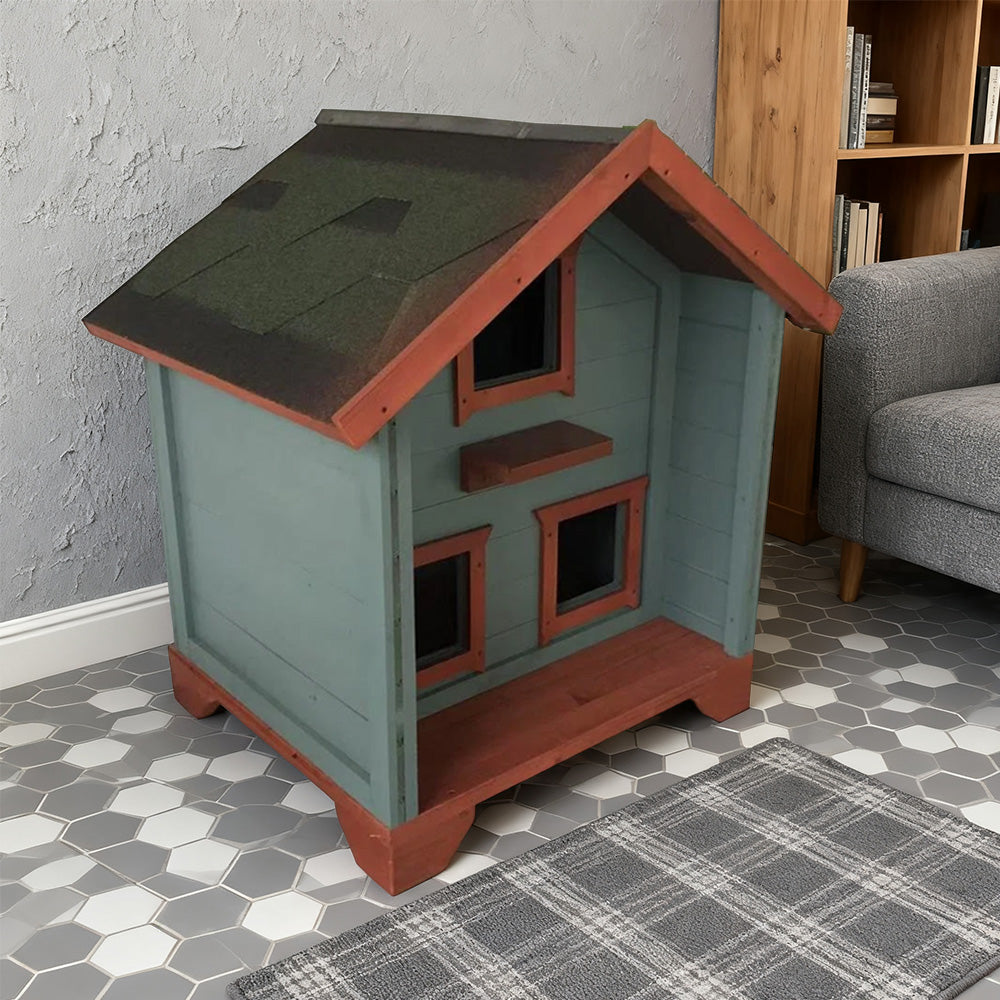 PAWORA Outdoor Cat House - Durable Fir Wood, Weatherproof Roof, Breathable Design, Scratch-Resistant, Safe All-Season Shelter - Blue