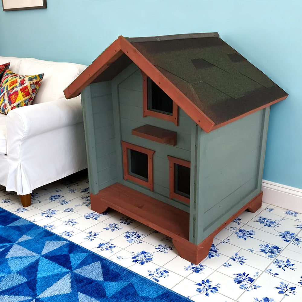 PAWORA Outdoor Cat House - Durable Fir Wood, Weatherproof Roof, Breathable Design, Scratch-Resistant, Safe All-Season Shelter - Blue