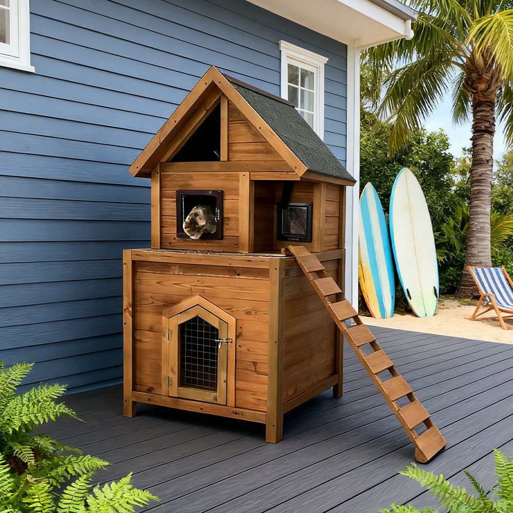 PAWORA Outdoor Cat House - Easy to Clean, Fir Wood Build, Waterproof Roof, Ventilated Design, Comfortable All-Season Pet Shelter - Wood