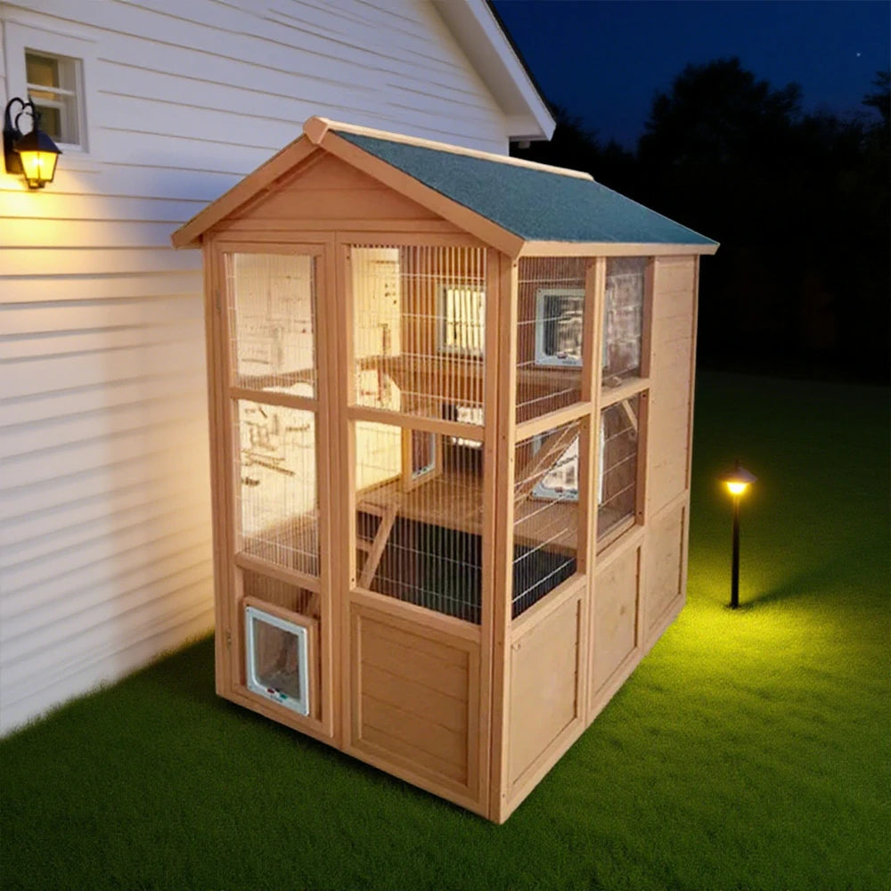 PAWORA Outdoor Wooden Cat Enclosure, Durable Pine Structure, Waterproof Asphalt Roof, Multi-Level Play & Ventilated Design - Natural Wood