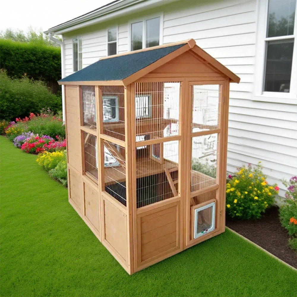 PAWORA Outdoor Wooden Cat Enclosure, Durable Pine Structure, Waterproof Asphalt Roof, Multi-Level Play & Ventilated Design - Natural Wood