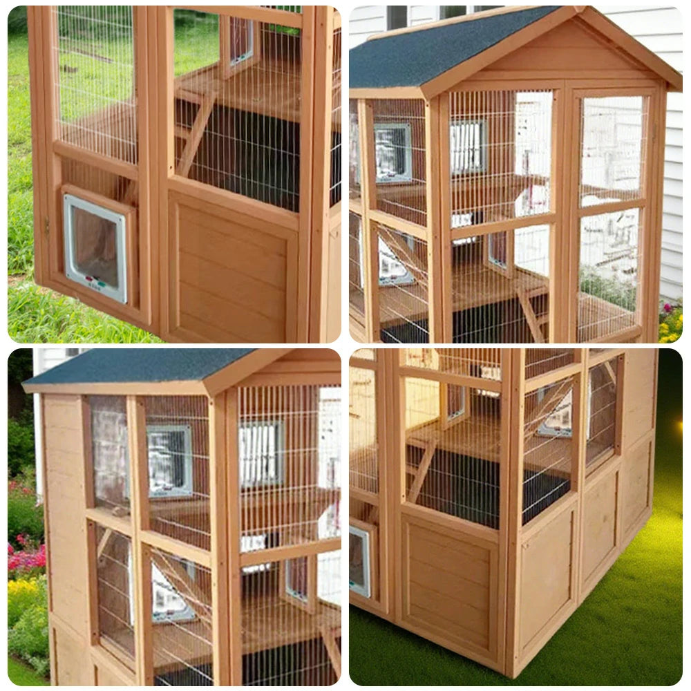 PAWORA Outdoor Wooden Cat Enclosure, Durable Pine Structure, Waterproof Asphalt Roof, Multi-Level Play & Ventilated Design - Natural Wood