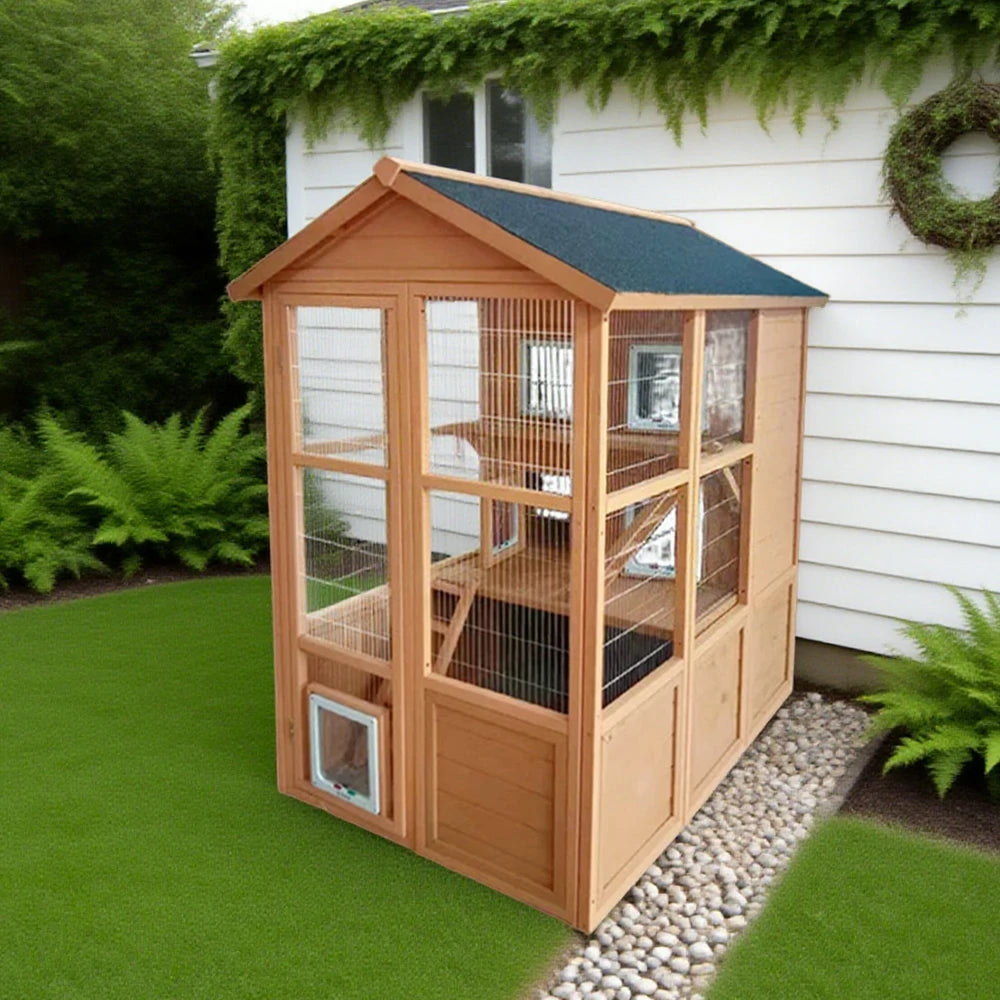 PAWORA Outdoor Wooden Cat Enclosure, Durable Pine Structure, Waterproof Asphalt Roof, Multi-Level Play & Ventilated Design - Natural Wood