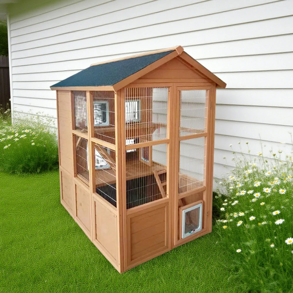 PAWORA Outdoor Wooden Cat Enclosure, Durable Pine Structure, Waterproof Asphalt Roof, Multi-Level Play & Ventilated Design - Natural Wood