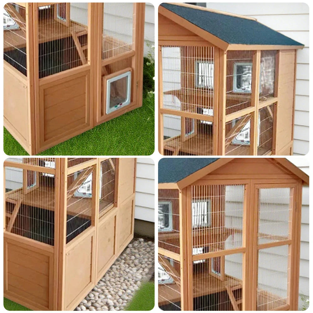 PAWORA Outdoor Wooden Cat Enclosure, Durable Pine Structure, Waterproof Asphalt Roof, Multi-Level Play & Ventilated Design - Natural Wood