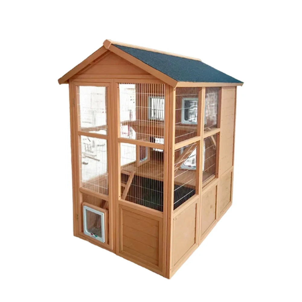 PAWORA Outdoor Wooden Cat Enclosure, Durable Pine Structure, Waterproof Asphalt Roof, Multi-Level Play & Ventilated Design - Natural Wood