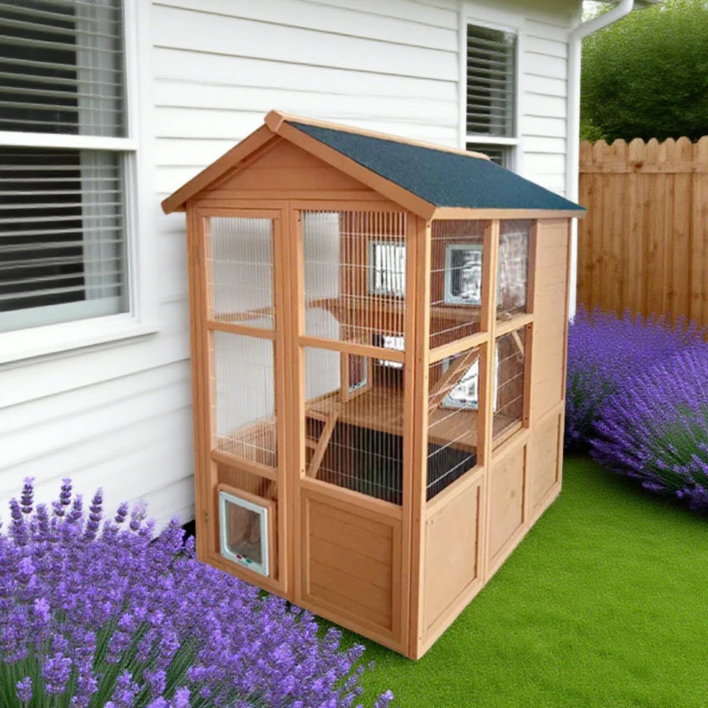 PAWORA Outdoor Wooden Cat Enclosure, Durable Pine Structure, Waterproof Asphalt Roof, Multi-Level Play & Ventilated Design - Natural Wood