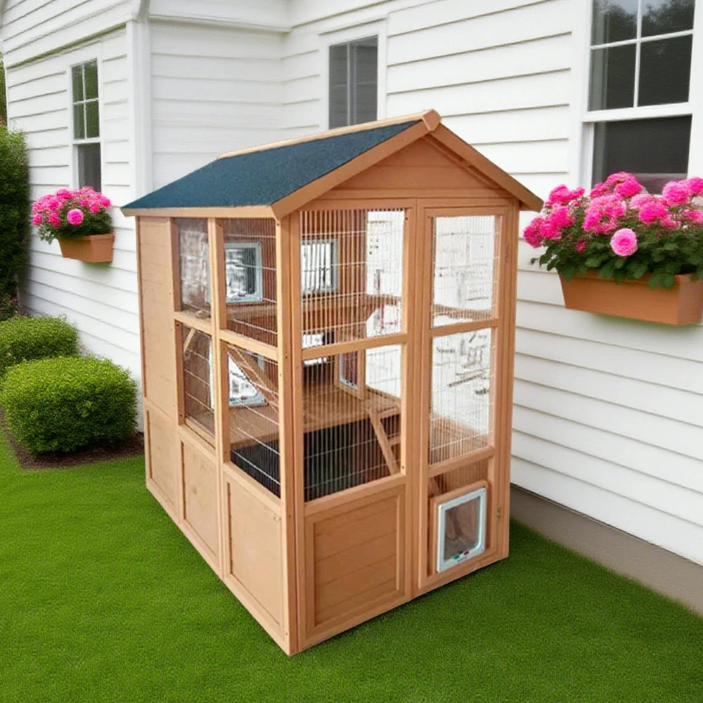 PAWORA Outdoor Wooden Cat Enclosure, Durable Pine Structure, Waterproof Asphalt Roof, Multi-Level Play & Ventilated Design - Natural Wood