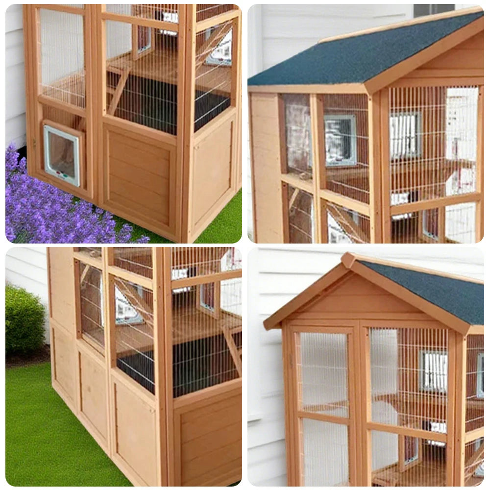 PAWORA Outdoor Wooden Cat Enclosure, Durable Pine Structure, Waterproof Asphalt Roof, Multi-Level Play & Ventilated Design - Natural Wood