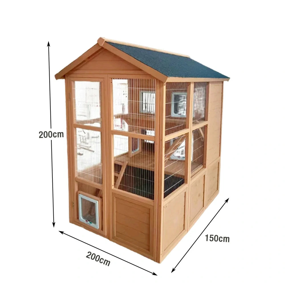 PAWORA Outdoor Wooden Cat Enclosure, Durable Pine Structure, Waterproof Asphalt Roof, Multi-Level Play & Ventilated Design - Natural Wood