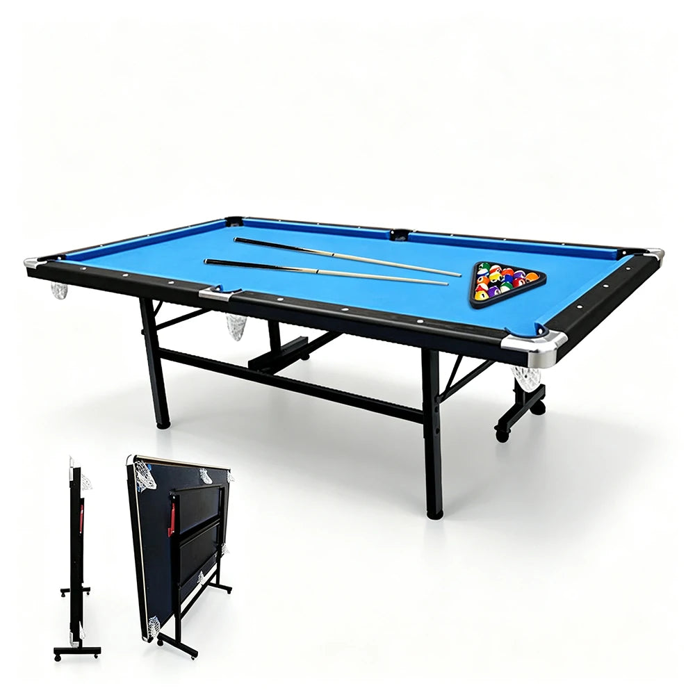 CUETIQ 8FT Foldable Pool Table Blue/Red/Green/Black Felt Billiard Table Free Accessory for Small Room