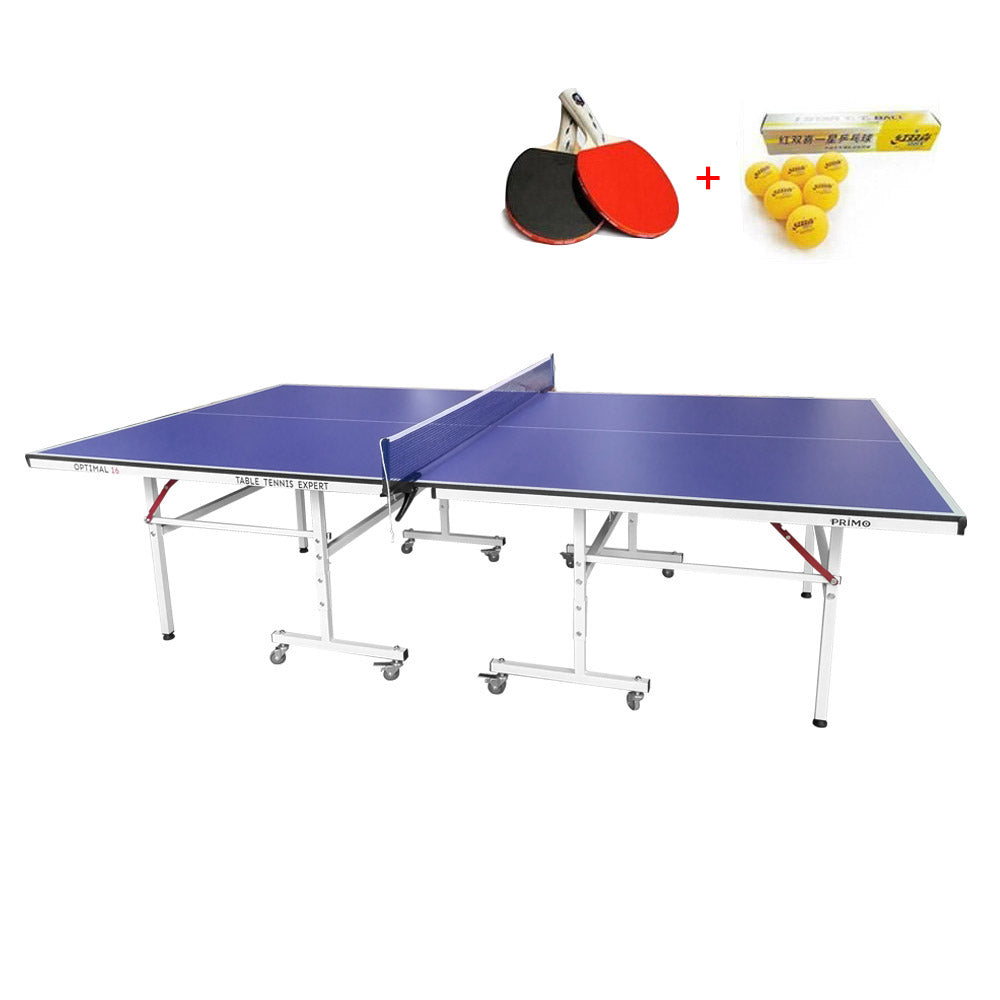 PRIMO Optimal 16mm Indoor  Blue Top Foldable Solo Play Table Tennis Pingpong Table-Bats Balls Net