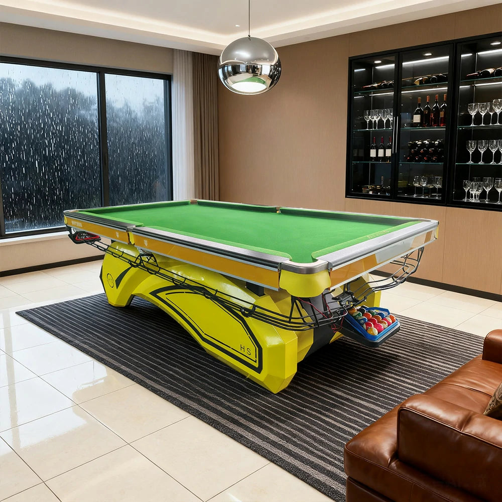 QUESLA 9FT Designer Pool Table - Bluestone Slate, Oak & Iron Bamboo Build, Colorful Frame, Rust-Resistant Finish
