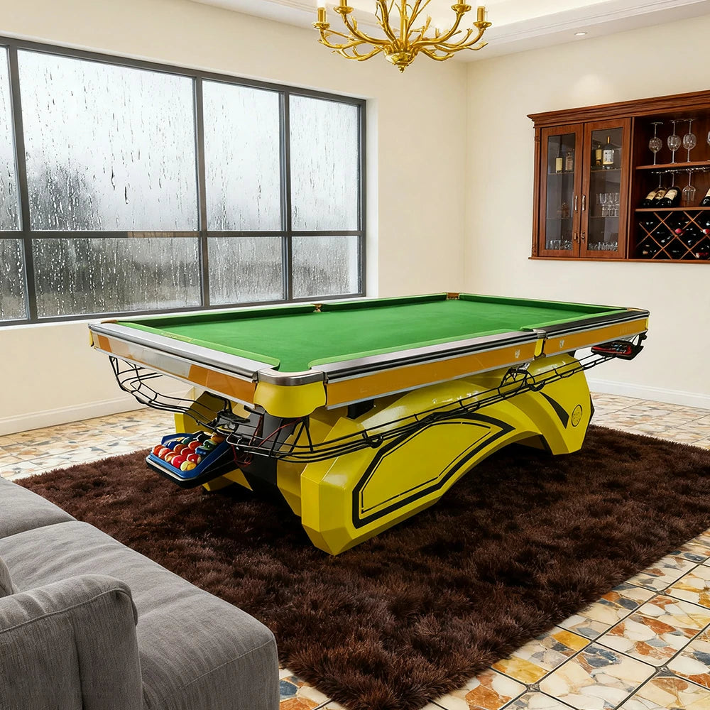 QUESLA 9FT Designer Pool Table - Bluestone Slate, Oak & Iron Bamboo Build, Colorful Frame, Rust-Resistant Finish