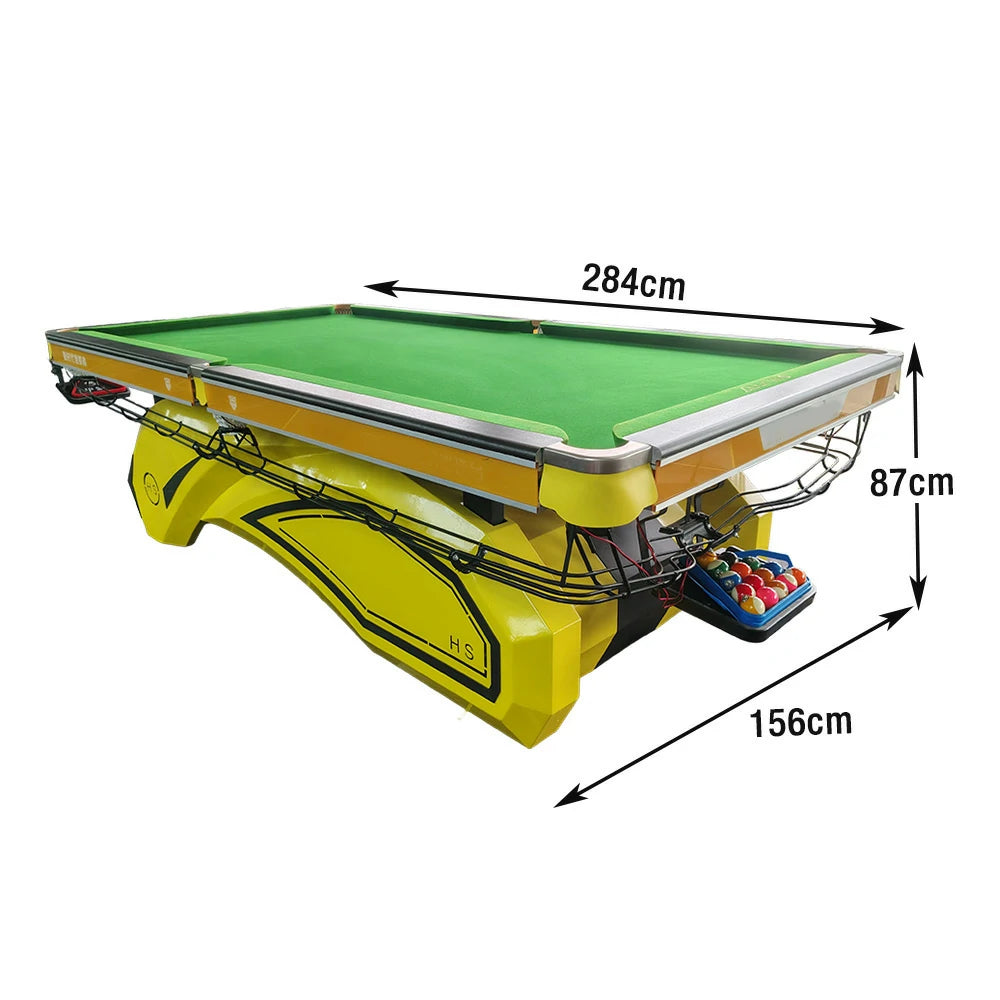 QUESLA 9FT Designer Pool Table - Bluestone Slate, Oak & Iron Bamboo Build, Colorful Frame, Rust-Resistant Finish