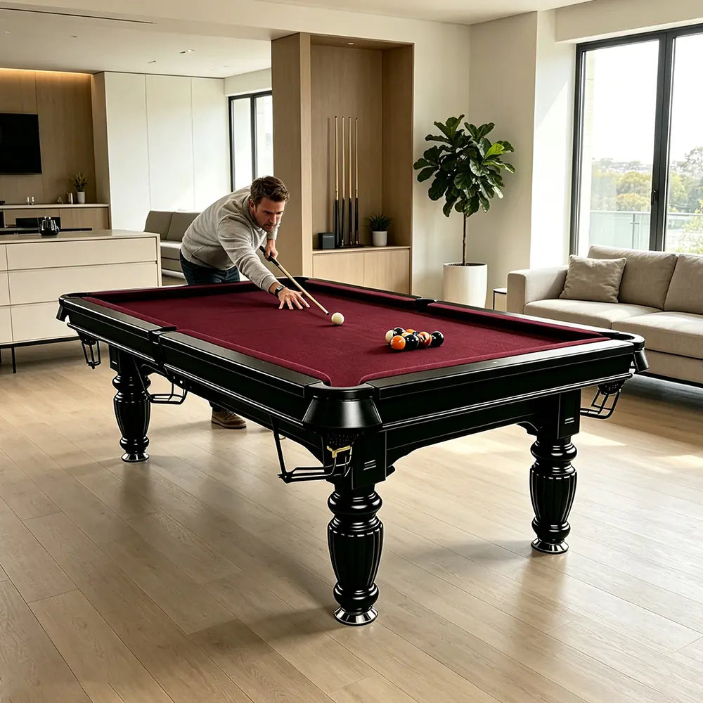 QUESLA 7/8/9FT Slate Pool Table 20mm Slate Solid Timber Adjustable Levellers for Home Club Office - Black Frame & Burgundy Felt