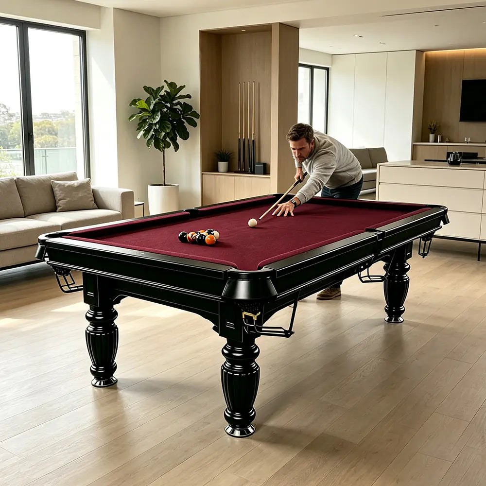 QUESLA 7/8/9FT Slate Pool Table 20mm Slate Solid Timber Adjustable Levellers for Home Club Office - Black Frame & Burgundy Felt