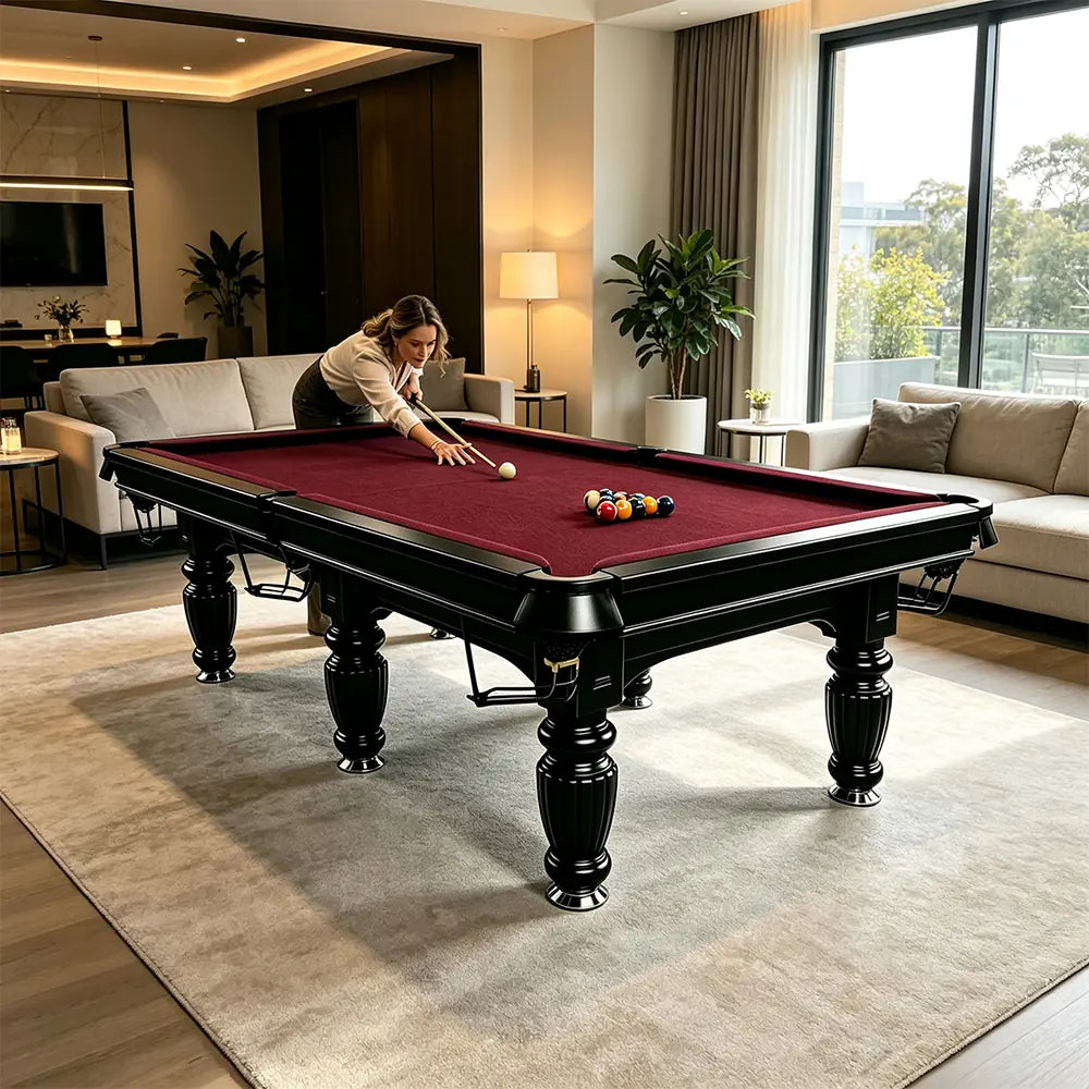 QUESLA 7/8/9FT Slate Pool Table 20mm Slate Solid Timber Adjustable Levellers for Home Club Office - Black Frame & Burgundy Felt