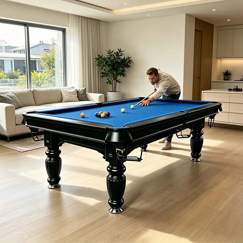 QUESLA 7/8/9FT Slate Pool Table 20mm Slate Solid Timber Adjustable Levellers for Home Club Office - Black Frame & Blue Felt