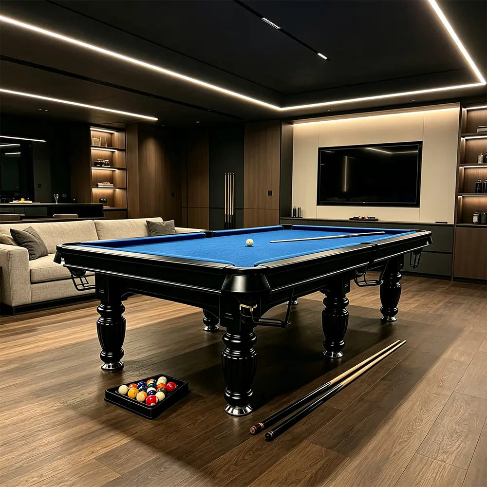 QUESLA 7/8/9FT Slate Pool Table 20mm Slate Solid Timber Adjustable Levellers for Home Club Office - Black Frame & Blue Felt