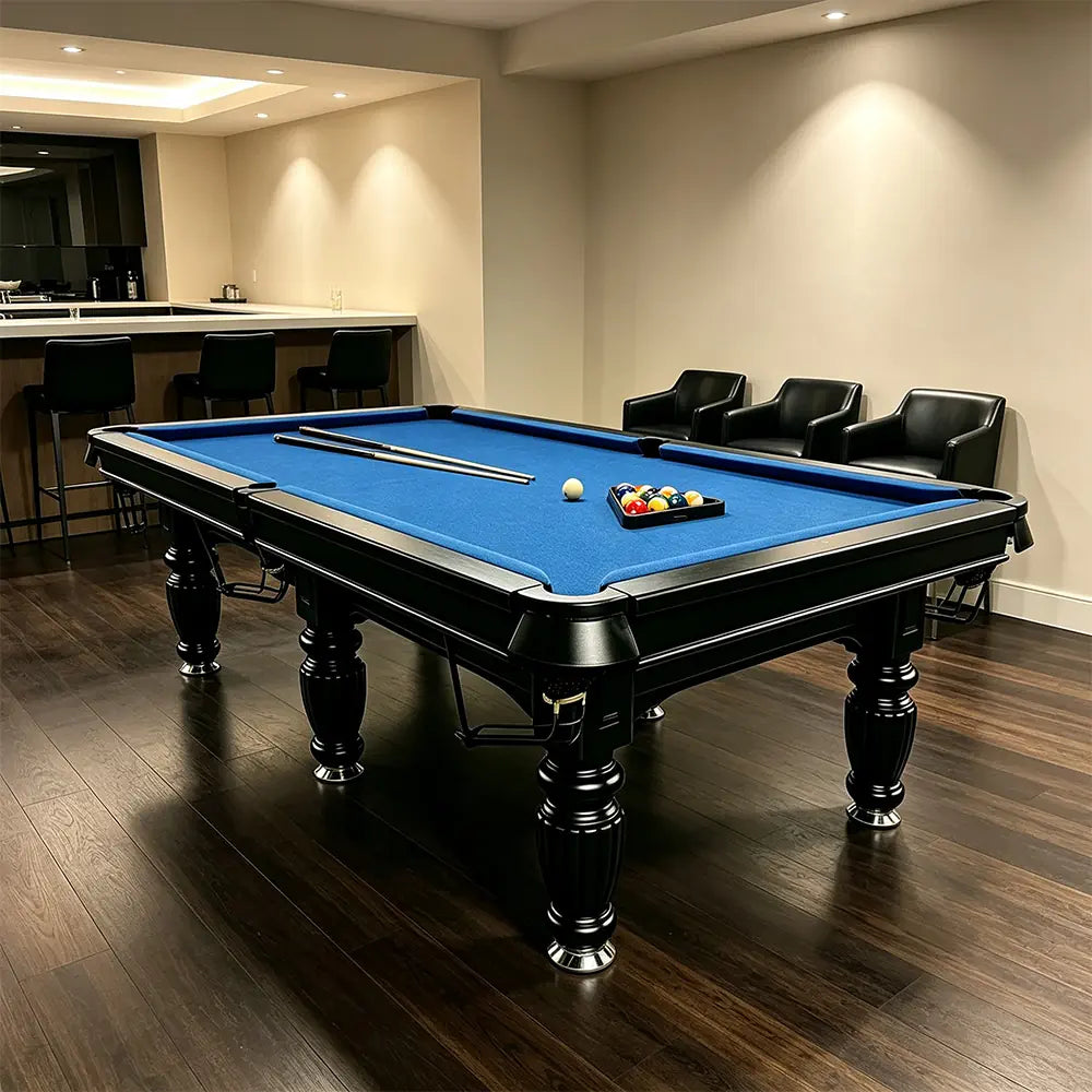QUESLA 7/8/9FT Slate Pool Table 20mm Slate Solid Timber Adjustable Levellers for Home Club Office - Black Frame & Blue Felt