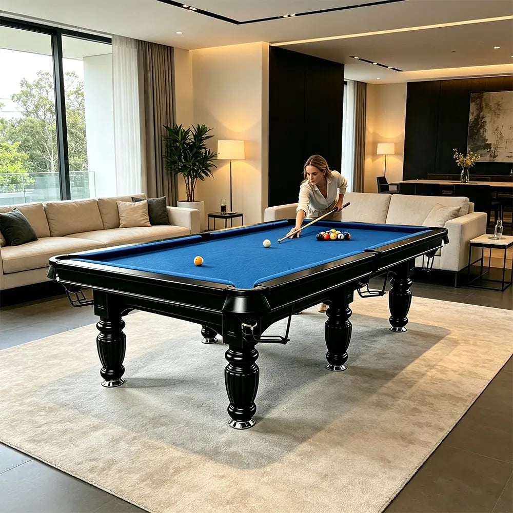 QUESLA 7/8/9FT Slate Pool Table 20mm Slate Solid Timber Adjustable Levellers for Home Club Office - Black Frame & Blue Felt