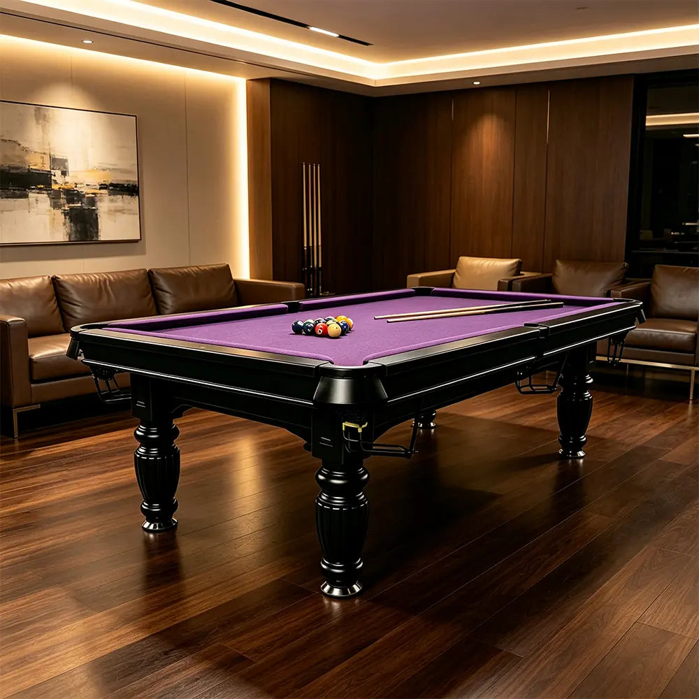 QUESLA 7/8/9FT Slate Pool Table 20mm Slate Solid Timber Adjustable Levellers for Home Club Office - Black Frame & Purple Felt