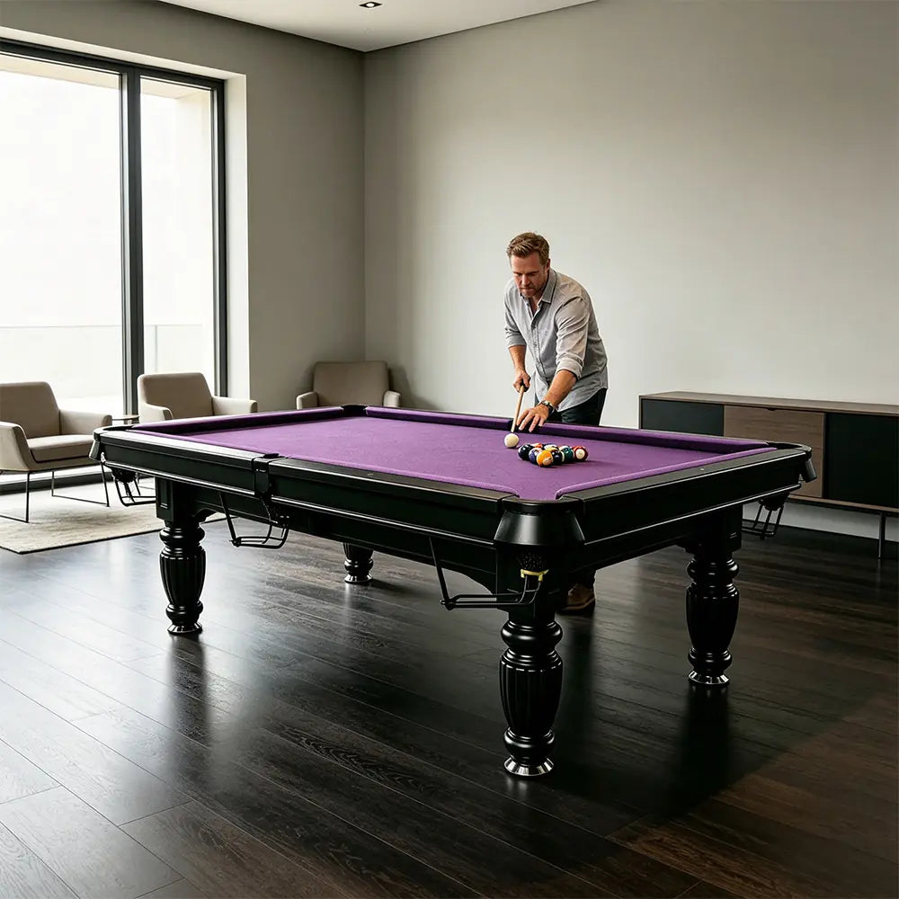 QUESLA 7/8/9FT Slate Pool Table 20mm Slate Solid Timber Adjustable Levellers for Home Club Office - Black Frame & Purple Felt