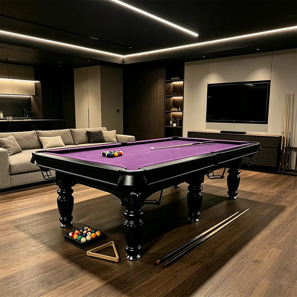 QUESLA 7/8/9FT Slate Pool Table 20mm Slate Solid Timber Adjustable Levellers for Home Club Office - Black Frame & Purple Felt