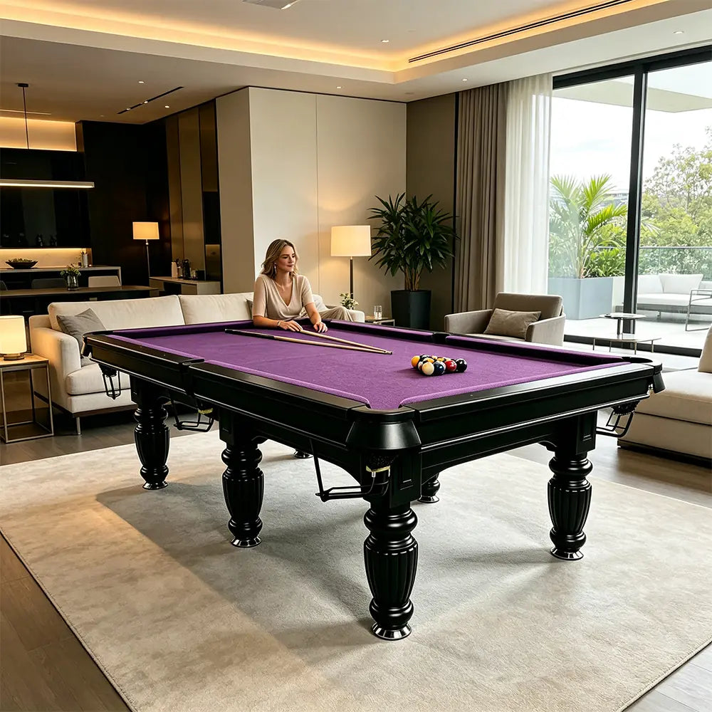 QUESLA 7/8/9FT Slate Pool Table 20mm Slate Solid Timber Adjustable Levellers for Home Club Office - Black Frame & Purple Felt