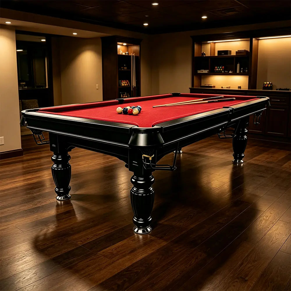 QUESLA 7/8/9FT Slate Pool Table 20mm Slate Solid Timber Adjustable Levellers for Home Club Office - Black Frame & Red Felt