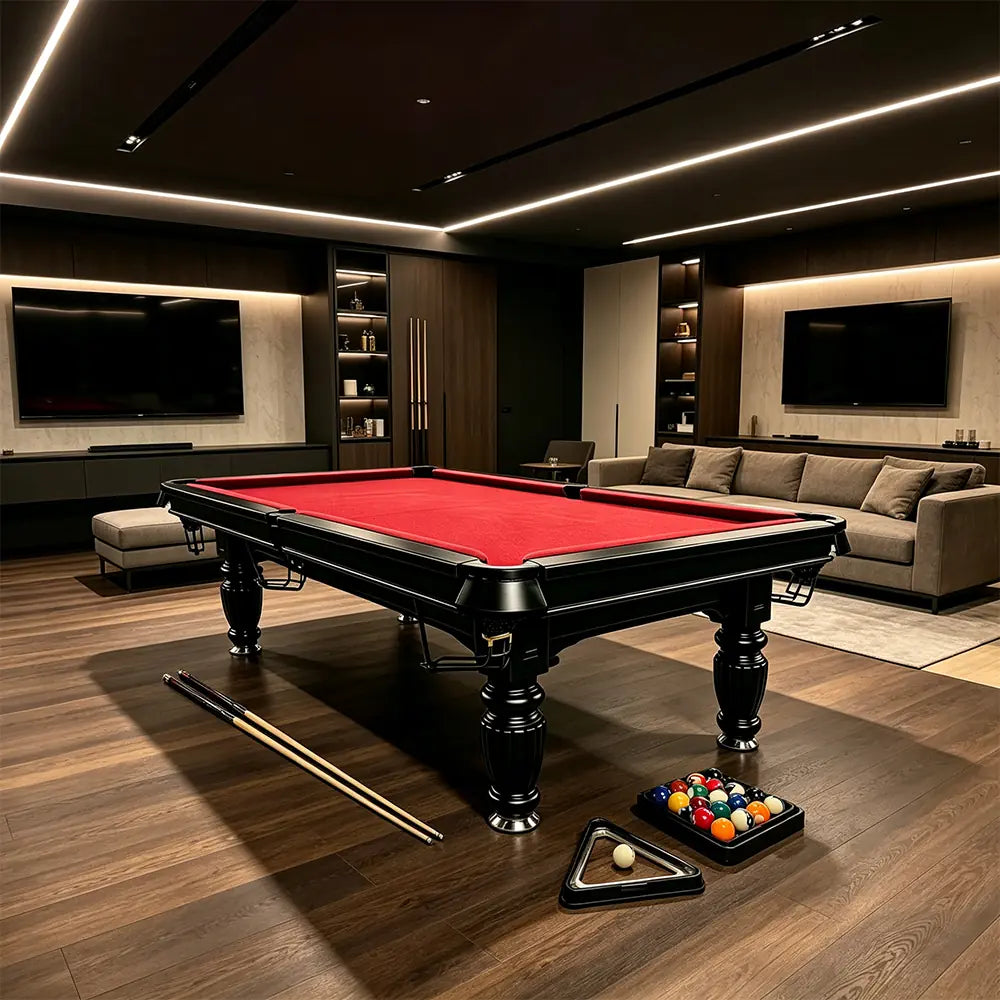QUESLA 7/8/9FT Slate Pool Table 20mm Slate Solid Timber Adjustable Levellers for Home Club Office - Black Frame & Red Felt
