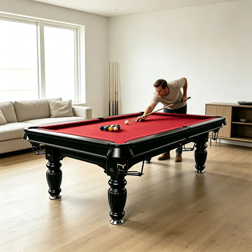 QUESLA 7/8/9FT Slate Pool Table 20mm Slate Solid Timber Adjustable Levellers for Home Club Office - Black Frame & Red Felt