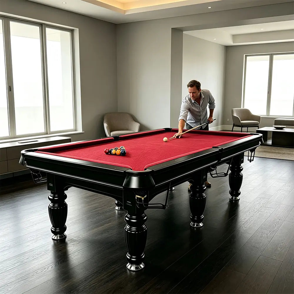 QUESLA 7/8/9FT Slate Pool Table 20mm Slate Solid Timber Adjustable Levellers for Home Club Office - Black Frame & Red Felt