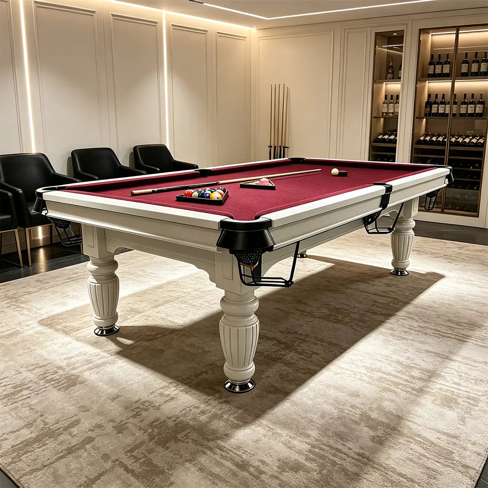 QUESLA 7/8/9FT Slate Pool Table 20mm Slate Solid Timber Adjustable Levellers for Home Club Office - White Frame & Burgundy Felt