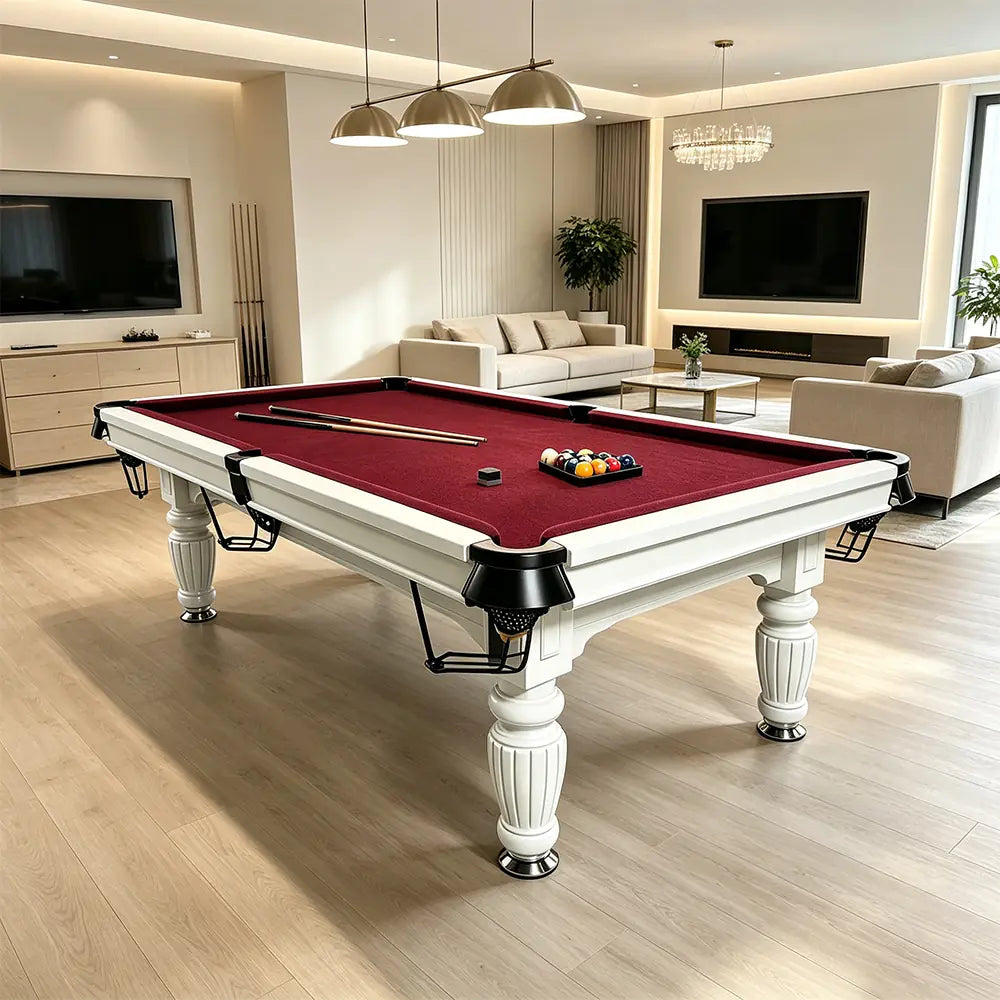 QUESLA 7/8/9FT Slate Pool Table 20mm Slate Solid Timber Adjustable Levellers for Home Club Office - White Frame & Burgundy Felt