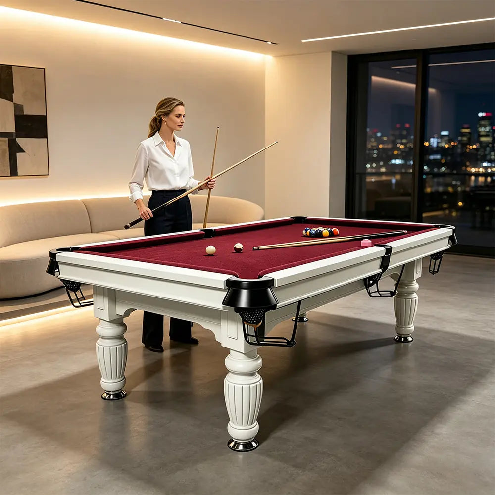 QUESLA 7/8/9FT Slate Pool Table 20mm Slate Solid Timber Adjustable Levellers for Home Club Office - White Frame & Burgundy Felt