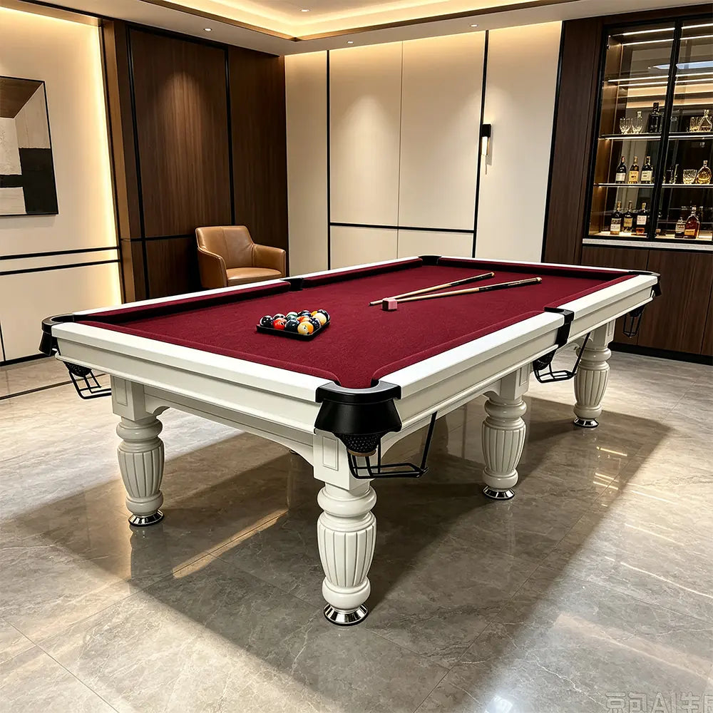 QUESLA 7/8/9FT Slate Pool Table 20mm Slate Solid Timber Adjustable Levellers for Home Club Office - White Frame & Burgundy Felt