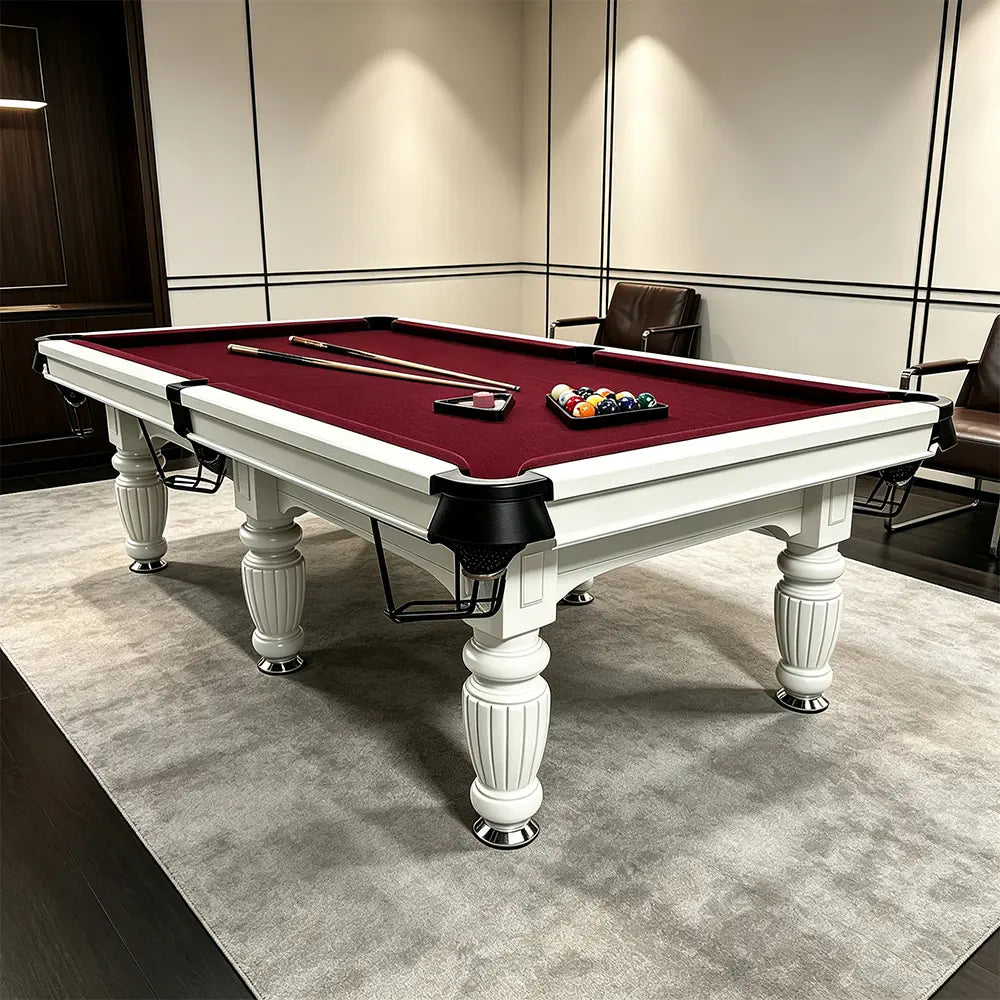 QUESLA 7/8/9FT Slate Pool Table 20mm Slate Solid Timber Adjustable Levellers for Home Club Office - White Frame & Burgundy Felt