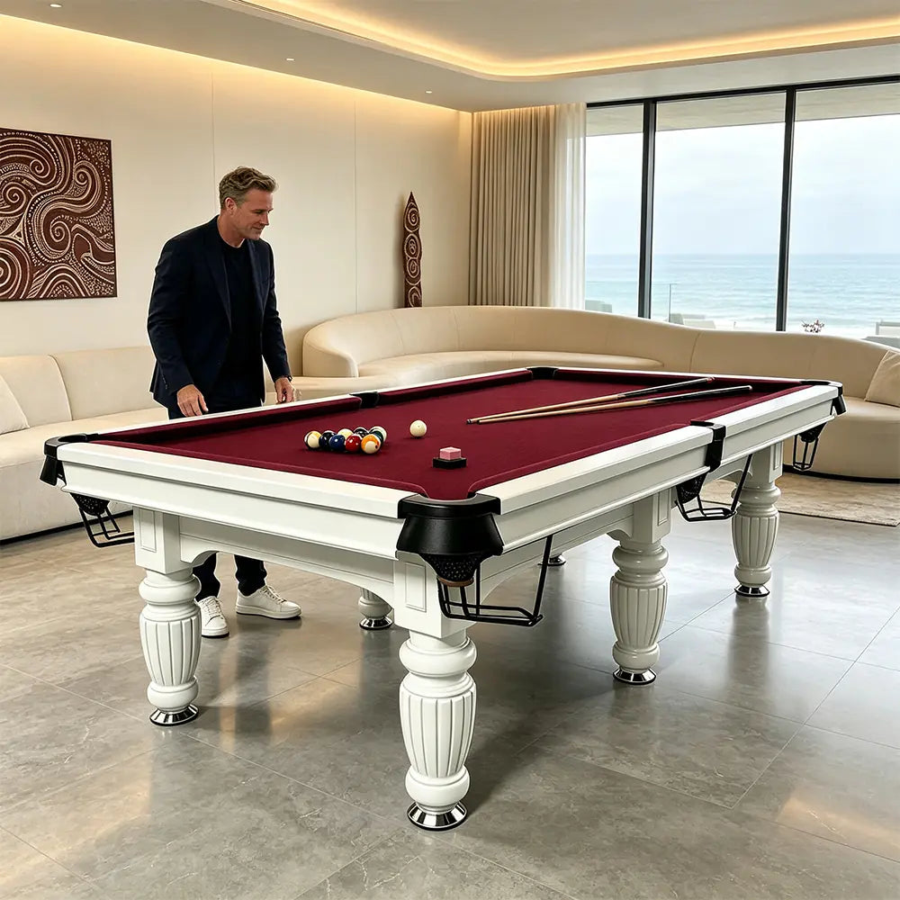 QUESLA 7/8/9FT Slate Pool Table 20mm Slate Solid Timber Adjustable Levellers for Home Club Office - White Frame & Burgundy Felt