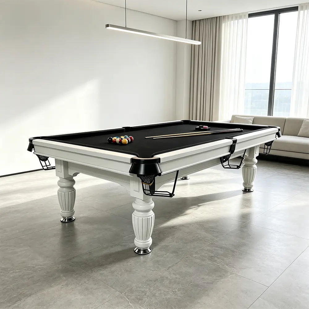 QUESLA 7/8/9FT Slate Pool Table 20mm Slate Solid Timber Adjustable Levellers for Home Club Office - White Frame & Black Felt