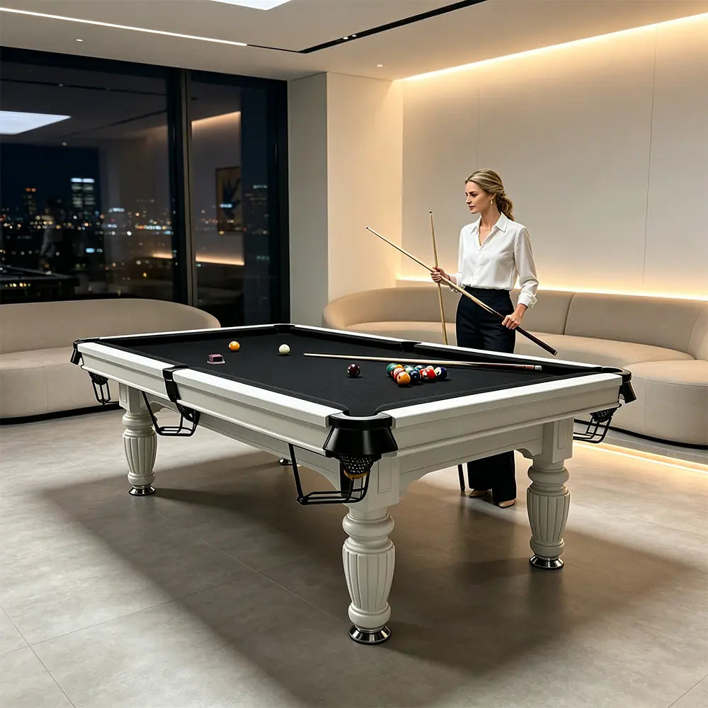 QUESLA 7/8/9FT Slate Pool Table 20mm Slate Solid Timber Adjustable Levellers for Home Club Office - White Frame & Black Felt