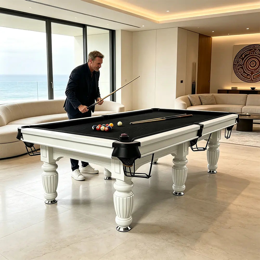 QUESLA 7/8/9FT Slate Pool Table 20mm Slate Solid Timber Adjustable Levellers for Home Club Office - White Frame & Black Felt