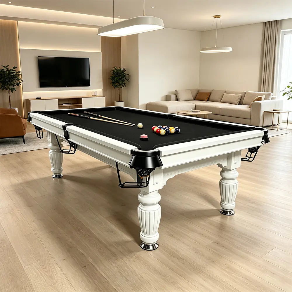 QUESLA 7/8/9FT Slate Pool Table 20mm Slate Solid Timber Adjustable Levellers for Home Club Office - White Frame & Black Felt