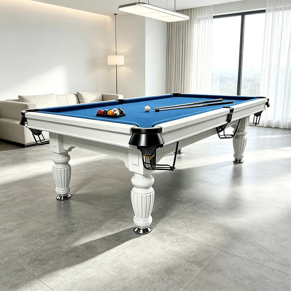 QUESLA 7/8/9FT Slate Pool Table 20mm Slate Solid Timber Adjustable Levellers for Home Club Office - White Frame & Blue Felt